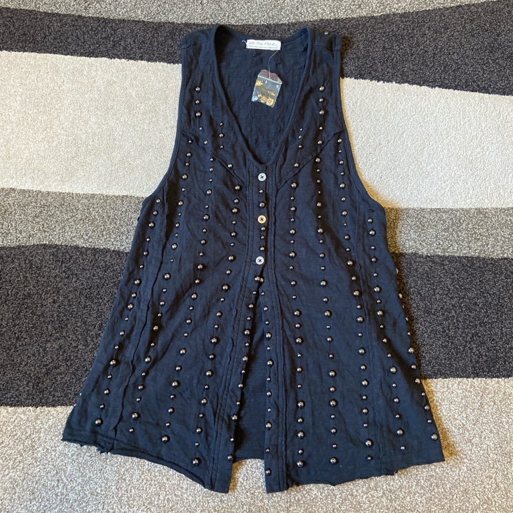 We The Free Black Button-Embellished Sleeveless Blouse